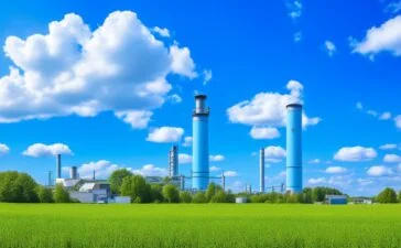 Eine sonnenbeschienene, moderne Industrieanlage in Sachsen-Anhalt, vor einem klaren blauen Himmel, mit grünen Flächen und Solarzellen im Vordergrund, die durch warmes, natürliches Licht eine einladende Atmosphäre voller Zukunftsoptimismus und digitaler Transformation ausstrahlt.