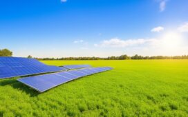 Ein strahlend sonniger, moderner Technikpark mit glänzenden Rechenzentren zwischen grünen Bäumen, lebendig durch warmes Tageslicht, das Zuversicht und die Balance zwischen fortschrittlicher Digitalisierung und nachhaltiger Energieversorgung vermittelt.