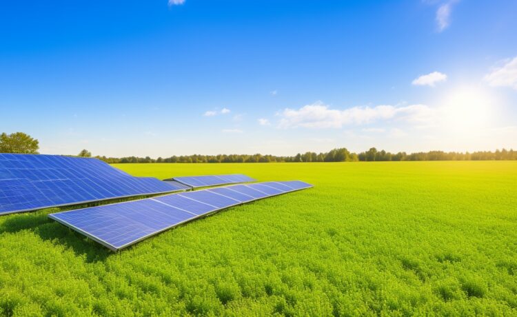 Ein strahlend sonniger, moderner Technikpark mit glänzenden Rechenzentren zwischen grünen Bäumen, lebendig durch warmes Tageslicht, das Zuversicht und die Balance zwischen fortschrittlicher Digitalisierung und nachhaltiger Energieversorgung vermittelt.