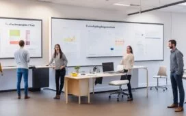 Ein hell erleuchteter, moderner Büroraum mit engagierten Fachkräften, die gemeinsam an Laptops und digitalen Whiteboards konzentriert an innovativen KI-Projekten arbeiten, umgeben von warmem Tageslicht und lebendiger, freundlicher Atmosphäre, die Hoffnung und Zusammenarbeit ausstrahlt.