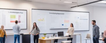 Ein hell erleuchteter, moderner Büroraum mit engagierten Fachkräften, die gemeinsam an Laptops und digitalen Whiteboards konzentriert an innovativen KI-Projekten arbeiten, umgeben von warmem Tageslicht und lebendiger, freundlicher Atmosphäre, die Hoffnung und Zusammenarbeit ausstrahlt.