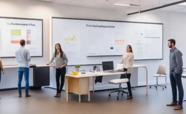 Ein hell erleuchteter, moderner Büroraum mit engagierten Fachkräften, die gemeinsam an Laptops und digitalen Whiteboards konzentriert an innovativen KI-Projekten arbeiten, umgeben von warmem Tageslicht und lebendiger, freundlicher Atmosphäre, die Hoffnung und Zusammenarbeit ausstrahlt.