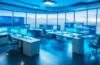 In einem hell erleuchteten, modernen Büro sitzen Menschen verschiedenen Alters und Geschlechts konzentriert vor Displays und Tablets, umgeben von dezent futuristischen, dennoch realistischen Technologieelementen, während warme Sonnenstrahlen durch große Fenster fallen und eine Atmosphäre von Zuversicht, Zusammenarbeit und neugierigem Forschergeist schaffen.
