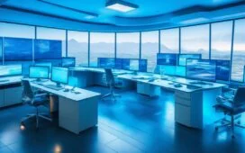 In einem hell erleuchteten, modernen Büro sitzen Menschen verschiedenen Alters und Geschlechts konzentriert vor Displays und Tablets, umgeben von dezent futuristischen, dennoch realistischen Technologieelementen, während warme Sonnenstrahlen durch große Fenster fallen und eine Atmosphäre von Zuversicht, Zusammenarbeit und neugierigem Forschergeist schaffen.