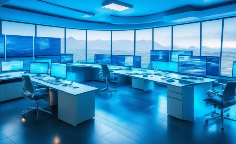 In einem hell erleuchteten, modernen Büro sitzen Menschen verschiedenen Alters und Geschlechts konzentriert vor Displays und Tablets, umgeben von dezent futuristischen, dennoch realistischen Technologieelementen, während warme Sonnenstrahlen durch große Fenster fallen und eine Atmosphäre von Zuversicht, Zusammenarbeit und neugierigem Forschergeist schaffen.