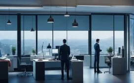 In einem modernen, lichtdurchfluteten Büro sitzt eine nachdenkliche Person mittleren Alters vor mehreren großen Bildschirmen mit komplexen Diagrammen, die sanftes Sonnenlicht fällt durch ein großes Fenster und erzeugt eine warme, einladende Atmosphäre voller fokussierter Spannung und zukunftsweisender Innovation.