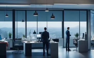 In einem modernen, lichtdurchfluteten Büro sitzt eine nachdenkliche Person mittleren Alters vor mehreren großen Bildschirmen mit komplexen Diagrammen, die sanftes Sonnenlicht fällt durch ein großes Fenster und erzeugt eine warme, einladende Atmosphäre voller fokussierter Spannung und zukunftsweisender Innovation.