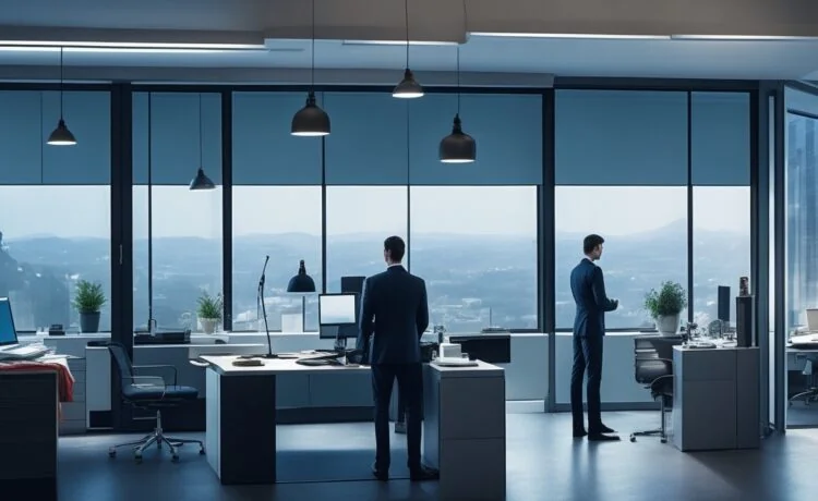 In einem modernen, lichtdurchfluteten Büro sitzt eine nachdenkliche Person mittleren Alters vor mehreren großen Bildschirmen mit komplexen Diagrammen, die sanftes Sonnenlicht fällt durch ein großes Fenster und erzeugt eine warme, einladende Atmosphäre voller fokussierter Spannung und zukunftsweisender Innovation.