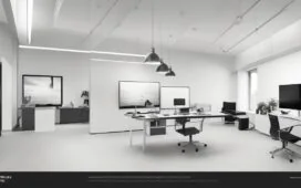 Ein hell erleuchtetes, modernes Büro mit einem Designer, der konzentriert an einem Bildschirm sitzt, auf dem ein klar strukturiertes, symmetrisches Weblayout neben einem dynamisch asymmetrischen Design zu sehen ist, während natürliches Tageslicht sanft den Raum durchflutet und eine warme, freundliche Atmosphäre schafft.