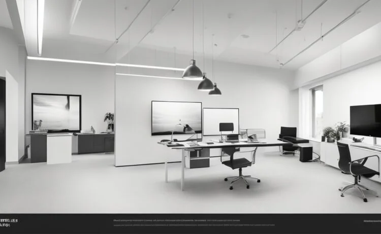 Ein hell erleuchtetes, modernes Büro mit einem Designer, der konzentriert an einem Bildschirm sitzt, auf dem ein klar strukturiertes, symmetrisches Weblayout neben einem dynamisch asymmetrischen Design zu sehen ist, während natürliches Tageslicht sanft den Raum durchflutet und eine warme, freundliche Atmosphäre schafft.