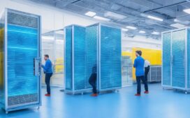 Ein lichtdurchflutetes, modernes IT-Rechenzentrum mit reflektierenden Serverracks und einem fokussierten Team, das mit Tablets und Notebooks in warmem Tageslicht konzentriert an vernetzten hyperkonvergenten Infrastrukturen und KI-Lösungen arbeitet, wodurch eine Atmosphäre von Innovation, Zusammenarbeit und zukunftsweisender Technologie entsteht.