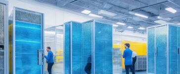 Ein lichtdurchflutetes, modernes IT-Rechenzentrum mit reflektierenden Serverracks und einem fokussierten Team, das mit Tablets und Notebooks in warmem Tageslicht konzentriert an vernetzten hyperkonvergenten Infrastrukturen und KI-Lösungen arbeitet, wodurch eine Atmosphäre von Innovation, Zusammenarbeit und zukunftsweisender Technologie entsteht.