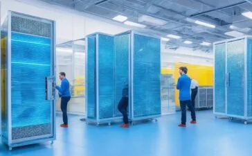 Ein lichtdurchflutetes, modernes IT-Rechenzentrum mit reflektierenden Serverracks und einem fokussierten Team, das mit Tablets und Notebooks in warmem Tageslicht konzentriert an vernetzten hyperkonvergenten Infrastrukturen und KI-Lösungen arbeitet, wodurch eine Atmosphäre von Innovation, Zusammenarbeit und zukunftsweisender Technologie entsteht.