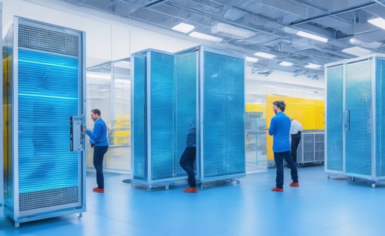 Ein lichtdurchflutetes, modernes IT-Rechenzentrum mit reflektierenden Serverracks und einem fokussierten Team, das mit Tablets und Notebooks in warmem Tageslicht konzentriert an vernetzten hyperkonvergenten Infrastrukturen und KI-Lösungen arbeitet, wodurch eine Atmosphäre von Innovation, Zusammenarbeit und zukunftsweisender Technologie entsteht.