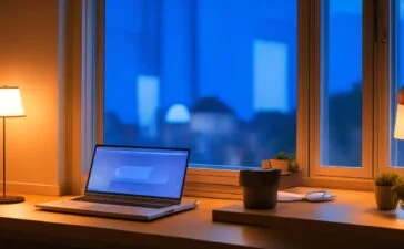 Ein warm erleuchteter, realistischer Büroarbeitsplatz bei Tag mit konzentrierten Entwicklerinnen und Entwicklern, die lachend und lebhaft an Laptops und Notizen arbeiten, während Sonnenlicht durch große Fenster strömt und eine freundliche, kreative Atmosphäre voller Teamgeist und geistiger Energie vermittelt.