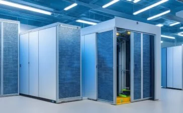 Ein heller, klarer Aufnahme eines modernen Edge-Datacenters mit warmem Tageslicht, das durch große Fenster fällt und die innovative Servertechnik in einer offenen, freundlichen Arbeitsumgebung in Szene setzt, während technikaffine Personen konzentriert und entspannt an vernetzten Geräten arbeiten und so den zukunftsweisenden Fortschritt in der digitalen Infrastruktur lebendig widerspiegeln.
