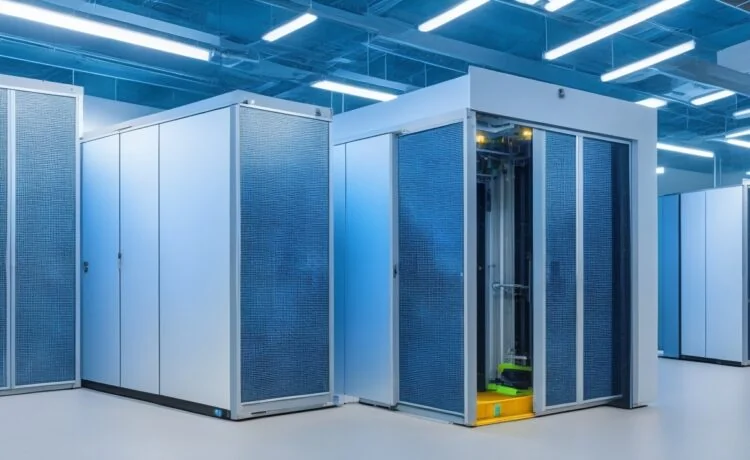 Ein heller, klarer Aufnahme eines modernen Edge-Datacenters mit warmem Tageslicht, das durch große Fenster fällt und die innovative Servertechnik in einer offenen, freundlichen Arbeitsumgebung in Szene setzt, während technikaffine Personen konzentriert und entspannt an vernetzten Geräten arbeiten und so den zukunftsweisenden Fortschritt in der digitalen Infrastruktur lebendig widerspiegeln.