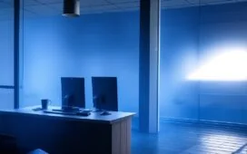 In einem hell erleuchteten, modernen Büro sitzt eine freundliche Frau entspannt vor ihrem Laptop, während sanftes Tageslicht durch große Fenster fällt und eine warme, vertrauensvolle Atmosphäre schafft, die das Thema Cybersicherheit und Schutz vor Phishing-Angriffen subtil widerspiegelt.