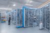 Ein sonnendurchflutetes, modern ausgestattetes Rechenzentrum mit strahlend weißen Serverracks, an denen konzentrierte IT-Expert:innen in lebendiger Teamarbeit die smarte Vernetzung und nachhaltige Infrastruktur des digitalen Zeitalters gestalten – ein warmer, einladender Moment voller Zukunftsenergie.