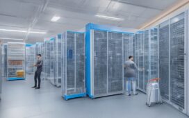 Ein sonnendurchflutetes, modern ausgestattetes Rechenzentrum mit strahlend weißen Serverracks, an denen konzentrierte IT-Expert:innen in lebendiger Teamarbeit die smarte Vernetzung und nachhaltige Infrastruktur des digitalen Zeitalters gestalten – ein warmer, einladender Moment voller Zukunftsenergie.