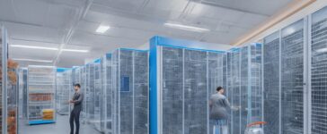Ein sonnendurchflutetes, modern ausgestattetes Rechenzentrum mit strahlend weißen Serverracks, an denen konzentrierte IT-Expert:innen in lebendiger Teamarbeit die smarte Vernetzung und nachhaltige Infrastruktur des digitalen Zeitalters gestalten – ein warmer, einladender Moment voller Zukunftsenergie.