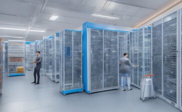 Ein sonnendurchflutetes, modern ausgestattetes Rechenzentrum mit strahlend weißen Serverracks, an denen konzentrierte IT-Expert:innen in lebendiger Teamarbeit die smarte Vernetzung und nachhaltige Infrastruktur des digitalen Zeitalters gestalten – ein warmer, einladender Moment voller Zukunftsenergie.