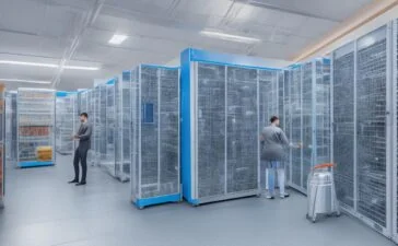 Ein sonnendurchflutetes, modern ausgestattetes Rechenzentrum mit strahlend weißen Serverracks, an denen konzentrierte IT-Expert:innen in lebendiger Teamarbeit die smarte Vernetzung und nachhaltige Infrastruktur des digitalen Zeitalters gestalten – ein warmer, einladender Moment voller Zukunftsenergie.