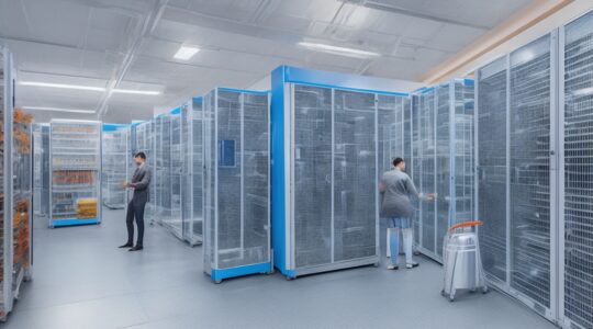 Ein sonnendurchflutetes, modern ausgestattetes Rechenzentrum mit strahlend weißen Serverracks, an denen konzentrierte IT-Expert:innen in lebendiger Teamarbeit die smarte Vernetzung und nachhaltige Infrastruktur des digitalen Zeitalters gestalten – ein warmer, einladender Moment voller Zukunftsenergie.