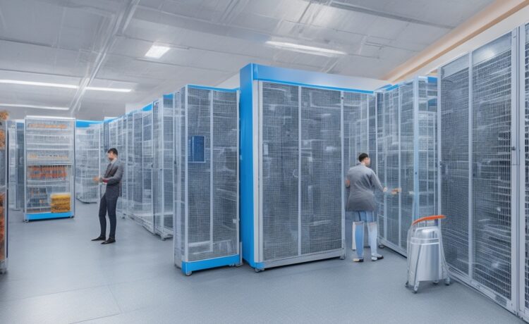 Ein sonnendurchflutetes, modern ausgestattetes Rechenzentrum mit strahlend weißen Serverracks, an denen konzentrierte IT-Expert:innen in lebendiger Teamarbeit die smarte Vernetzung und nachhaltige Infrastruktur des digitalen Zeitalters gestalten – ein warmer, einladender Moment voller Zukunftsenergie.