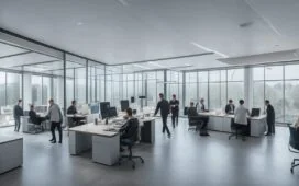Ein hell erleuchtetes, modernes Büro mit entspanntem Team in lebhaften Gesprächen vor großen Panoramafenstern, die Sonnenlicht hereinlassen und eine warme, optimistische Atmosphäre schaffen – ein Sinnbild für Innovation, dynamische Herausforderungen und den menschlichen Antrieb hinter Teslas Robotaxi-Vision.