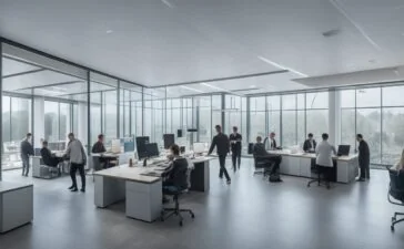 Ein hell erleuchtetes, modernes Büro mit entspanntem Team in lebhaften Gesprächen vor großen Panoramafenstern, die Sonnenlicht hereinlassen und eine warme, optimistische Atmosphäre schaffen – ein Sinnbild für Innovation, dynamische Herausforderungen und den menschlichen Antrieb hinter Teslas Robotaxi-Vision.