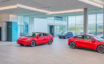 Ein sonnendurchfluteter, moderner Showroom mit zwei eleganten Elektroautos – ein silbernes Tesla Model Y und ein leuchtend rotes BYD-Modell – die Seite an Seite im Fokus stehen, umgeben von warmen Holztönen und lebendigem Grün, strahlen technologische Innovation und freundliche Zukunftsvision aus.