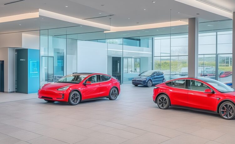 Ein sonnendurchfluteter, moderner Showroom mit zwei eleganten Elektroautos – ein silbernes Tesla Model Y und ein leuchtend rotes BYD-Modell – die Seite an Seite im Fokus stehen, umgeben von warmen Holztönen und lebendigem Grün, strahlen technologische Innovation und freundliche Zukunftsvision aus.
