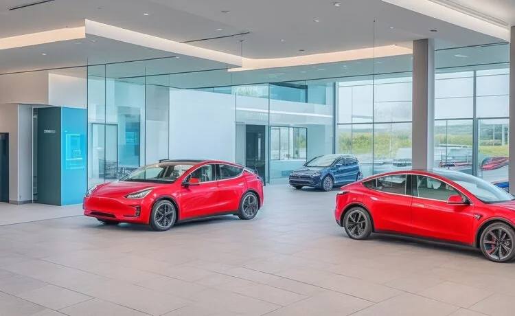 Ein sonnendurchfluteter, moderner Showroom mit zwei eleganten Elektroautos – ein silbernes Tesla Model Y und ein leuchtend rotes BYD-Modell – die Seite an Seite im Fokus stehen, umgeben von warmen Holztönen und lebendigem Grün, strahlen technologische Innovation und freundliche Zukunftsvision aus.