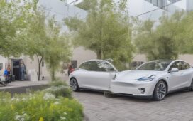 Ein sonnendurchfluteter, moderner Elektroauto-Ausstellungsraum in einer europäischen Stadt, in dem ein glänzendes Tesla Model Y in klaren, realistischen Details vor lebendig grünen Pflanzen steht, während freundliche Menschen entspannt mit einem Verkäufer ins Gespräch vertieft sind und die warme, natürliche Lichtstimmung Hoffnung und Wandel in der europäischen Elektromobilität ausstrahlt.