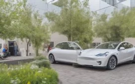 Ein sonnendurchfluteter, moderner Elektroauto-Ausstellungsraum in einer europäischen Stadt, in dem ein glänzendes Tesla Model Y in klaren, realistischen Details vor lebendig grünen Pflanzen steht, während freundliche Menschen entspannt mit einem Verkäufer ins Gespräch vertieft sind und die warme, natürliche Lichtstimmung Hoffnung und Wandel in der europäischen Elektromobilität ausstrahlt.