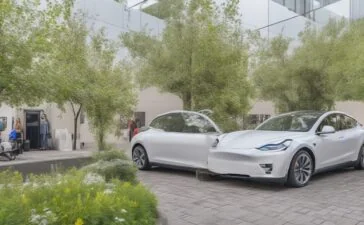 Ein sonnendurchfluteter, moderner Elektroauto-Ausstellungsraum in einer europäischen Stadt, in dem ein glänzendes Tesla Model Y in klaren, realistischen Details vor lebendig grünen Pflanzen steht, während freundliche Menschen entspannt mit einem Verkäufer ins Gespräch vertieft sind und die warme, natürliche Lichtstimmung Hoffnung und Wandel in der europäischen Elektromobilität ausstrahlt.