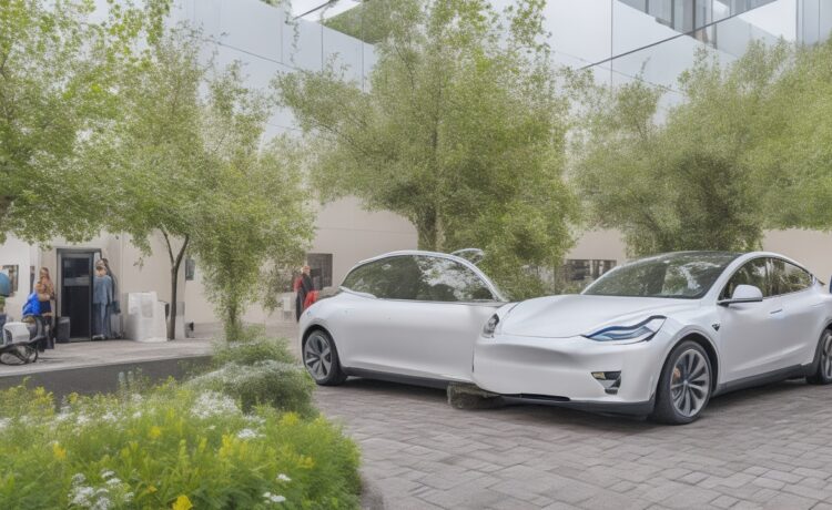 Ein sonnendurchfluteter, moderner Elektroauto-Ausstellungsraum in einer europäischen Stadt, in dem ein glänzendes Tesla Model Y in klaren, realistischen Details vor lebendig grünen Pflanzen steht, während freundliche Menschen entspannt mit einem Verkäufer ins Gespräch vertieft sind und die warme, natürliche Lichtstimmung Hoffnung und Wandel in der europäischen Elektromobilität ausstrahlt.