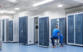 Ein sonnendurchflutetes, modernes Büro mit einem konzentrierten Systemadministrator, der lächelnd vor zwei großen Monitoren sitzt, auf denen im Hintergrund schemenhaft Serverracks und NGINX-Konfigurationen zu erkennen sind, während warme Holz- und Grünpflanzenakzente eine freundliche, kompetente Arbeitsatmosphäre schaffen.