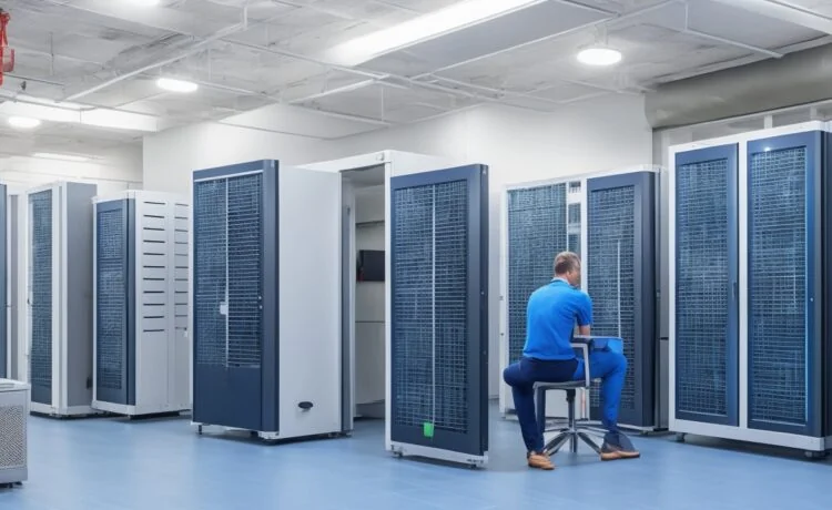 Ein sonnendurchflutetes, modernes Büro mit einem konzentrierten Systemadministrator, der lächelnd vor zwei großen Monitoren sitzt, auf denen im Hintergrund schemenhaft Serverracks und NGINX-Konfigurationen zu erkennen sind, während warme Holz- und Grünpflanzenakzente eine freundliche, kompetente Arbeitsatmosphäre schaffen.