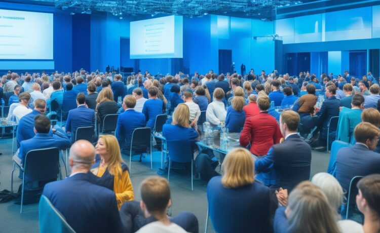 Ein hell erleuchteter, moderner Konferenzraum voller engagierter Fachleute in lebhafter Diskussion, die mit einem warmen Lächeln und aufmerksamem Blick die komplexen Herausforderungen von KI-Transparenz und Innovation in einem natürlichen, freundlichen Umfeld erkunden.