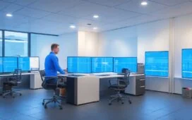 Eine moderne IT-Expertin sitzt konzentriert an einem hell erleuchteten Arbeitsplatz mit mehreren Bildschirmen, die komplexe Sicherheitssysteme und Patch-Updates in natürlichem Tageslicht zeigen, während warmes Sonnenlicht durchs Fenster fällt und eine Atmosphäre von Zuversicht und schneller Lösungssuche vermittelt.