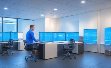 Eine moderne IT-Expertin sitzt konzentriert an einem hell erleuchteten Arbeitsplatz mit mehreren Bildschirmen, die komplexe Sicherheitssysteme und Patch-Updates in natürlichem Tageslicht zeigen, während warmes Sonnenlicht durchs Fenster fällt und eine Atmosphäre von Zuversicht und schneller Lösungssuche vermittelt.