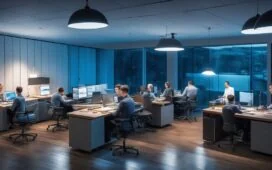Ein dynamisches, lichtdurchflutetes Büro mit einem konzentrierten Entwicklerteam, das entspannt an modernen Laptops arbeitet, umgeben von warmen Holzmöbeln und großen Fenstern, durch die sanftes Tageslicht fällt und eine freundliche, inspirierende Atmosphäre voller Innovationsgeist und Teamzusammenhalt schafft.