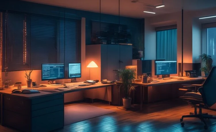 In einem hell erleuchteten, modern eingerichteten Arbeitszimmer sitzt eine konzentrierte Entwicklerin vor einem großen Bildschirm, auf dem komplexe Programmiercodezeilen in TypeScript zu sehen sind, während sanftes Tageslicht durch ein Fenster fällt und eine warme, kreative Atmosphäre schafft.