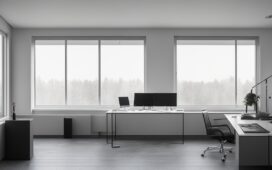 Ein sonnendurchflutetes, modernes Entwicklerbüro mit einem entspannten Programmierer, der konzentriert auf seinen Laptop blickt, während warme Tageslichtstrahlen durch große Fenster auf minimalistisch gestaltete Arbeitsflächen und bunte Code-Snippets auf dem Bildschirm fallen – eine lebendige Szene, die Fortschritt, Klarheit und die Leidenschaft für innovative TypeScript-Entwicklung ausstrahlt.