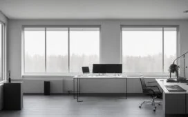 Ein sonnendurchflutetes, modernes Entwicklerbüro mit einem entspannten Programmierer, der konzentriert auf seinen Laptop blickt, während warme Tageslichtstrahlen durch große Fenster auf minimalistisch gestaltete Arbeitsflächen und bunte Code-Snippets auf dem Bildschirm fallen – eine lebendige Szene, die Fortschritt, Klarheit und die Leidenschaft für innovative TypeScript-Entwicklung ausstrahlt.