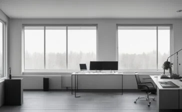Ein sonnendurchflutetes, modernes Entwicklerbüro mit einem entspannten Programmierer, der konzentriert auf seinen Laptop blickt, während warme Tageslichtstrahlen durch große Fenster auf minimalistisch gestaltete Arbeitsflächen und bunte Code-Snippets auf dem Bildschirm fallen – eine lebendige Szene, die Fortschritt, Klarheit und die Leidenschaft für innovative TypeScript-Entwicklung ausstrahlt.