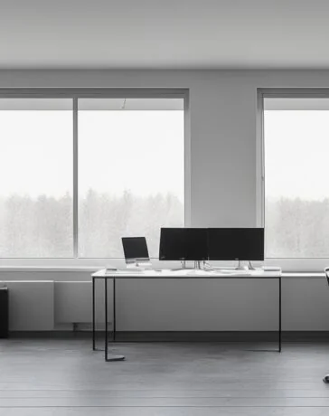 Ein sonnendurchflutetes, modernes Entwicklerbüro mit einem entspannten Programmierer, der konzentriert auf seinen Laptop blickt, während warme Tageslichtstrahlen durch große Fenster auf minimalistisch gestaltete Arbeitsflächen und bunte Code-Snippets auf dem Bildschirm fallen – eine lebendige Szene, die Fortschritt, Klarheit und die Leidenschaft für innovative TypeScript-Entwicklung ausstrahlt.