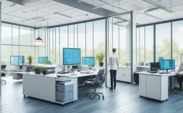 Ein strahlend helles, modernes Büro mit einem teamorientierten Entwickler, der konzentriert vor einem großen, transparenten Bildschirm arbeitet, auf dem dynamische Datenvisualisierungen und codeähnliche Strukturen schemenhaft reflektiert werden, während warmes Tageslicht durchs Fenster fällt und eine Atmosphäre von Innovation, Fortschritt und vernetzter, unsichtbar integrierter KI-Interaktion schafft.